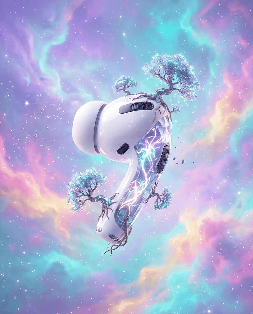 "A sleek, modern white wireless earbud floating elegantly in mid-air. Ethereal, bright lighting with a soft white and pale gray gradient background"