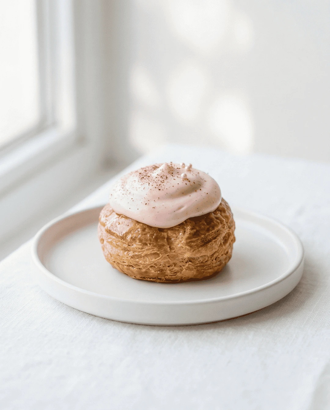 "A single, perfectly baked artisan pastry topped with light pink frosting, sitting isolated on a clean white ceramic saucer"
