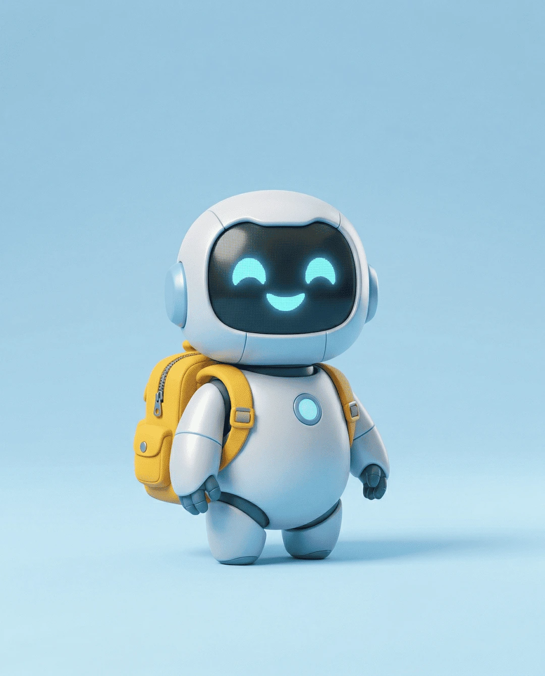 "3D animation style rendering of a cute, expressive, futuristic little robot mascot wearing a tiny bright yellow backpack and smiling"
