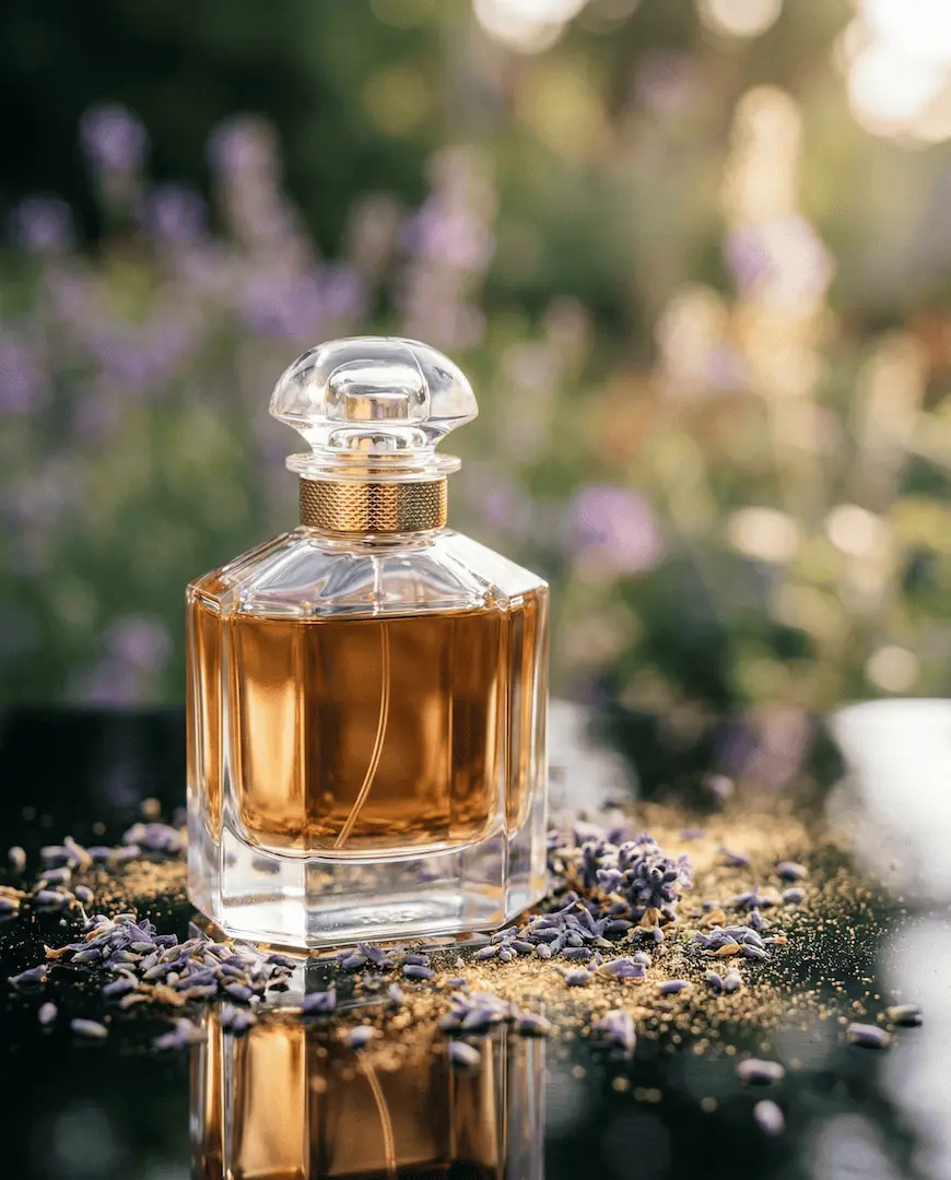 "High-end studio product photography of a luxurious glass perfume bottle filled with a liquid amber-colored liquid"